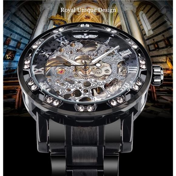 Retro Manual Mechanical Skeleton Watch with Diamond& Carving Flower, BlackSilver - Picture 2 of 6